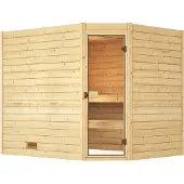 Weka Sauna "Massivholzsauna VALIDA Eck 3", beige (natur), Saunaofen, externe Steuerung, 9 kW, Saunen, Sauna, Blockbohlen, moderne Ganzglastür