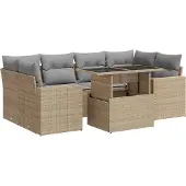 vidaXL 7-tlg. Garten-Sofagarnitur mit Kissen Beige Poly Rattan