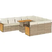 vidaXL 11-tlg. Garten-Sofagarnitur mit Kissen Beige Poly Rattan Akazie
