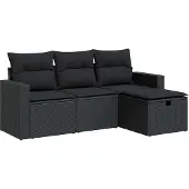 vidaXL 4-tlg. Garten-Sofagarnitur mit Kissen Schwarz Poly Rattan