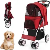 Costway COAST 4-Rad faltbarer Hunde- und Katzenkinderwagen Pet Buggy bis zu 15 kg mit Netzfenster/Flaschenhalter/Anhänger Rot