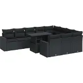 vidaXL 11-tlg. Garten-Sofagarnitur mit Kissen Schwarz Poly Rattan