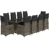 vidaXL 11-tlg. Garten-Bistro-Set mit Kissen Grau Poly Rattan