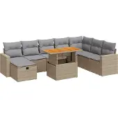 vidaXL 9-tlg. Garten-Sofagarnitur mit Kissen Beige Poly Rattan Akazie