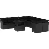 vidaXL 11-tlg. Garten-Sofagarnitur mit Kissen Schwarz Poly Rattan