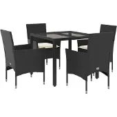 vidaXL 5-tlg. Garten-Essgruppe mit Kissen Schwarz Poly Rattan und Glas
