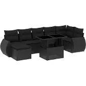 vidaXL 8-tlg. Garten-Sofagarnitur mit Kissen Schwarz Poly Rattan