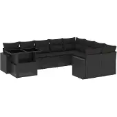 vidaXL 10-tlg. Garten-Sofagarnitur mit Kissen Schwarz Poly Rattan
