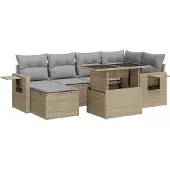 vidaXL 7-tlg. Garten-Sofagarnitur mit Kissen Beige Poly Rattan