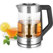 Emerio Wasserkocher mit Temperaturregelung 1,7 Liter – LED-Beleuchtung – Überhitzungsschutz – Wasserstandsanzeige – 2200W - WK-122730 - Edelstahl/Glas