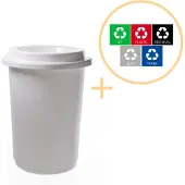Plafor Abfalleimer Mülltrennungssystem Abfallbehälter rund 50L weiß- 60 x Ø 41 cm – Kunststoff Küche Büro mit Abfall Recycling Aufkleber