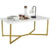 Costway rechteckiger Couchtisch, Sofa-Beistelltisch mit Kunstmarmor-Tischplatte & goldenen Y-förmigen Beinen & verstellbaren Untersetzern, Moderner Wohnzimmertisch Cocktailtisch 107 x 60x 45,5 cm