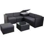 Mendler Poly-Rattan-Garnitur MCW-D21, Balkon-/Garten-/Lounge-Set Sofa Sitzgruppe, Box Staufach anthrazit, Kissen dunkelgrau