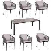 Mendler Gartengarnitur MCW-N41, Tisch+6xStuhl, wetterfest Alu 180x80cm, Seilgeflecht Rope anthrazit Kissen grau