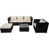 Mendler Poly-Rattan-Garnitur Busto, Gartengarnitur Sitzgruppe Sofa Lounge-Set schwarz, Kissen creme