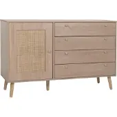 MCW Sideboard MCW-M43, Schrank Kommode Highboard, Schubladen Staufach, Kubu Rattan Holz Melamin, Eiche-Optik