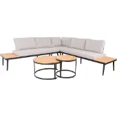 Mendler Garten-Garnitur MCW-H54c, Lounge-Set, Beistelltisch Spun Poly Akazie Holz Stahl hellbraun, Kissen hellgrau