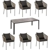 Mendler Gartengarnitur MCW-N41, Tisch+6xStuhl, wetterfest Alu 180x80cm, Seilgeflecht Rope grau, Kissen dunkelgrau