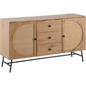 FineBuy Sideboard in Eiche Nachbildung 140 cm Kommode mit 2 Türen & 3 Schubladen aus Wiener Rattan Geflecht Design