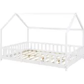 En.casa Kinderbett ’Sisimiut’ in Haus-Optik mit Matratze und Rausfallschutz Kiefernholz 120 x 200 cm Weiß