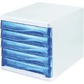 Helit Schubladenbox , 5 Schübe, DIN A4, B 265 x H 250 x T 340 mm, Polypropylen, Gehäuse weiß/Schublade blau transparent