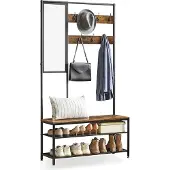 Vasagle Garderobenständer mit Haken, Spiegel, Sitzbank, 35 x 98 x 180 cm, für Eingangsbereich, Schlafzimmer, Wohnzimmer, Industrie-Design, Vintagebraun-Schwarz, HSR415B01