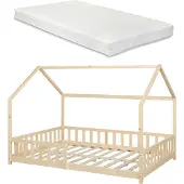 En.casa Hausbett ‘Hesel’ für Kinder mit Matratze Rausfallschutz Lattenrost 120 x 200 cm Holzoptik