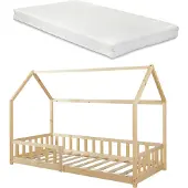 En.casa Hausbett ‘Hesel’ für Kinder mit Matratze Rausfallschutz Lattenrost 90 x 200 cm Holzoptik