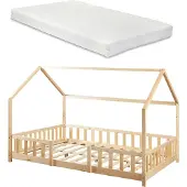 En.casa Kinderbett ’Sisimiut’ in Haus-Optik mit Matratze und Rausfallschutz Kiefernholz 120 x 200 cm Holzfarben