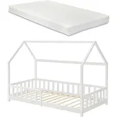 En.casa Hausbett ‘Hesel’ für Kinder mit Matratze Rausfallschutz Lattenrost 90 x 200 cm Weiß
