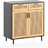 FineBuy Sideboard 80x86,5x40 cm Kommode Schwarz mit Wiener Geflecht Hoher Kommodenschrank Zeitlos Standschrank Wohnzimmer mit 2 Türen und Schubladen