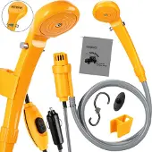 Deuba Campingdusche 12V KFZ-Adapter Aufbewahrungstasche 2m Schlauch 5m Stromkabel Handbrause Hundedusche Gartendusche Dusche Tauchpumpe gelb