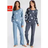 Vivance Pyjama mehrfarbig Gr. 32/34 für Damen. Rundhals und Druck, Allover-Druck. Basic. Nachhaltig.