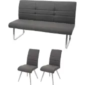 Mendler Set 2x Esszimmerstuhl+Sitzbank MCW-G55, Bank Küchenstuhl Stuhl, Stoff/Textil Edelstahl grau-braun Bank 180cm