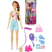 Barbie Fashionistas -Puppe mit Hündchen, Outfit für Fitness-Training, Rollschuhe und Tennis, 3 Jahr(e), 298 mm