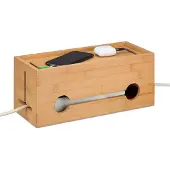 Relaxdays Kabelbox für 2 Steckdosenleisten, Bambus, HxBxT: 14 x 34,5 x 14 cm, Kabel verstecken, Steckdosenbox, natur