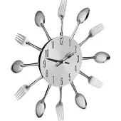 Relaxdays Wanduhr Besteck, Küchenuhr Löffel & Gabel, Ø 31 cm, Metall, batteriebetrieben, ohne Ticken, Besteckuhr, silber