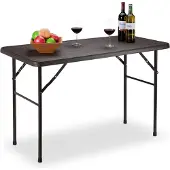 Relaxdays Gartentisch, Holzoptik, eckiger Klapptisch, Kunststoff, Metall, Balkontisch, HxBxT: 74 x 120 x 60 cm, braun