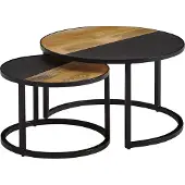 FineBuy Couchtisch 2er Set Mango Massivholz / Stein-Optik Sofatisch Rund Modern Beistelltisch 2-teilig Runde Wohnzimmertische Holztisch Satztische