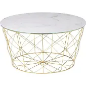 SalesFever Couchtisch mit Metallkorb Ø 80 cm | Glasplatte foliert in Marmor-Optik | Gestell Metall | B 80 x T 80 x H 45 cm | weiß-gold