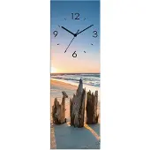 ARTland Glas Wanduhr Quarzuhr - schwarzer Zeiger Sonnenuntergang Strand Wellenbrecher Größe: 20x60 cm