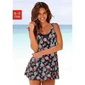 LASCANA Badekleid , Damen, Gr. 38, Cup D, schwarz (schwarz, bedruckt), Polyamid, bedruckt, Badeanzüge Badekleid, mit modischen Kreisen und Shaping-Effekt