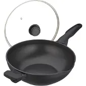 Relaxdays Wokpfanne mit Glasdeckel, Ø 30 cm, Aluminium, antihaftbeschichtet, Gas-, Elektroherd, Wok mit Griffen, schwarz