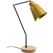 Opviq , Industrielle Tischlampe mit Metallkörper, Holzfuß, Ø 14 cm, Höhe 52 cm, E27 Fassung, max. 40 W, Kabel 200 cm, IP20, Gold | Stilvolles Design für moderne Räume.