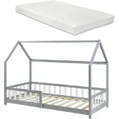 En.casa Hausbett ‘Hesel’ für Kinder mit Matratze Rausfallschutz Lattenrost 90 x 200 cm Grau