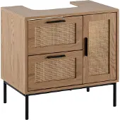 Wohnling Waschbeckenunterschrank Eiche-Optik 60x60x40 cm mit Tür und Schubladen Badezimmerschrank mit Rattangeflecht Unterschrank Stehend Badschrank