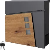 ML-Design Briefkasten 37 x 36,5 x 11 cm Anthrazit/Holzoptik, aus Stahl, mit Zeitungsfach, abschließbar, moderner Wandbriefkasten