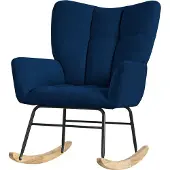 ML-Design Schaukelsessel Dunkelblau Schaukelstuhl Frottee-Optik Bezug Gepolsterter Schwingsessel mit Holzkufen Relaxsessel mit Armlehnen Relaxstuhl