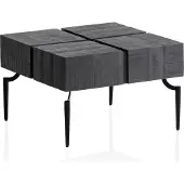 FineBuy Couchtisch Akazie Schwarz Massivholz quadratisch 60x60 cm · moderner Wohnzimmertisch 4 Blocks · Design Tisch mit Metallbeinen im Industrial