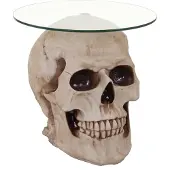 Mendler Beistelltisch Totenkopf MCW-A19, Glastisch Wohnzimmertisch Couchtisch Totenschädel, Polyresin rund Ø55cm natur